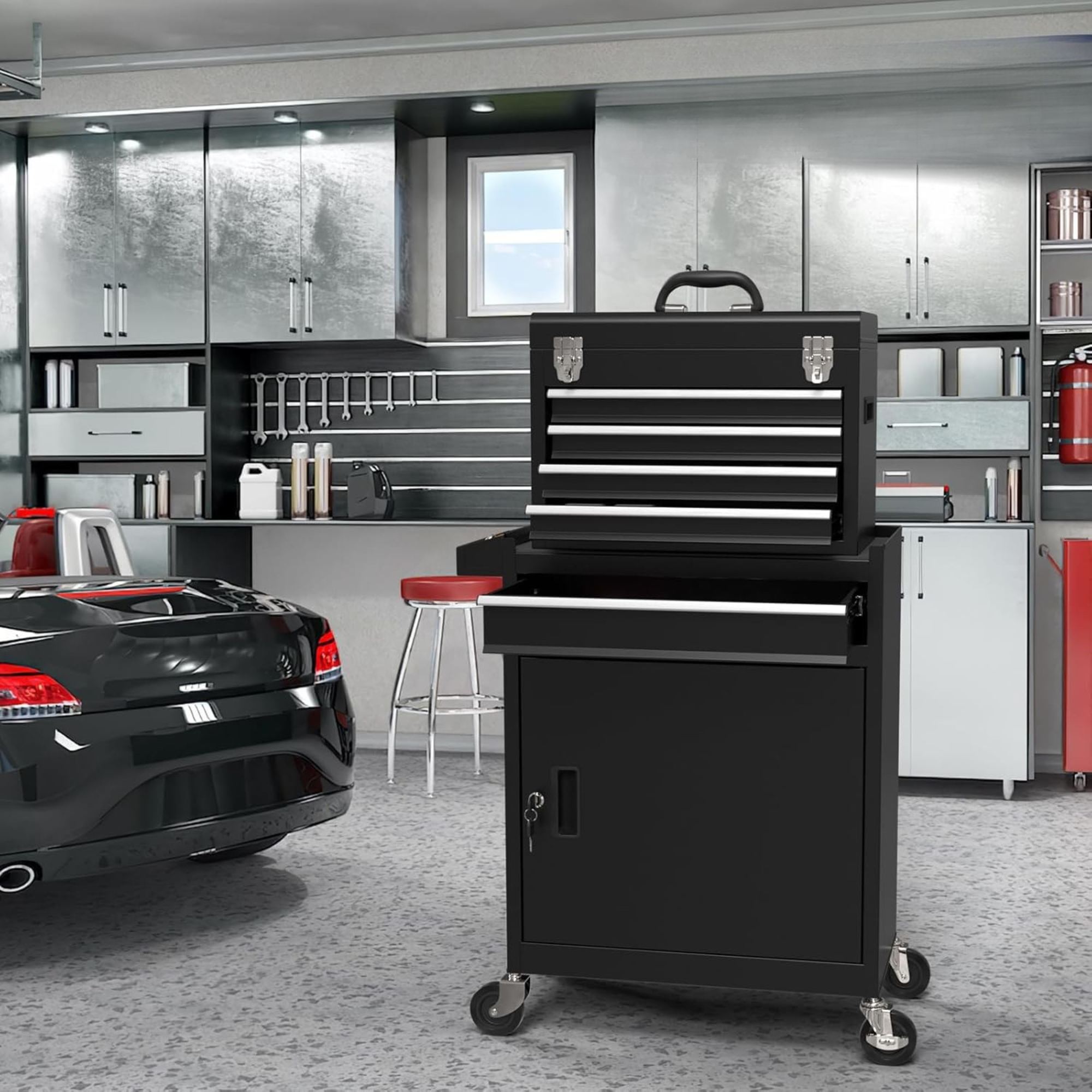 2-in-1 Detachable Rolling Tool Box 5-8 Drawers Lockable Chest Storage Cabinet Garage Workshop