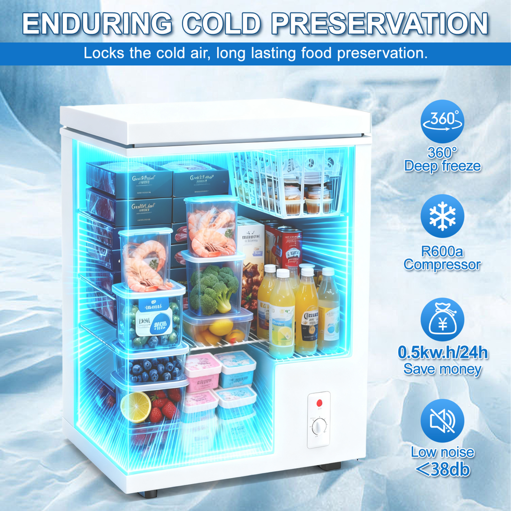 Chest Freezer 7-level Temperature Control Small Deep Compact Freezer Home Office Portable Mini Fridge