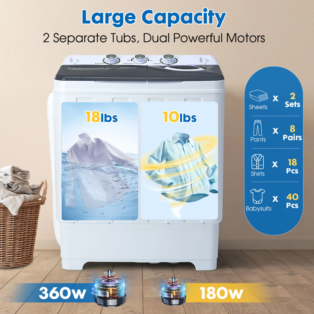 28lbs Portable Washing Machine Twin Tub Compact with Drain Pump Home Camping Mini Washer