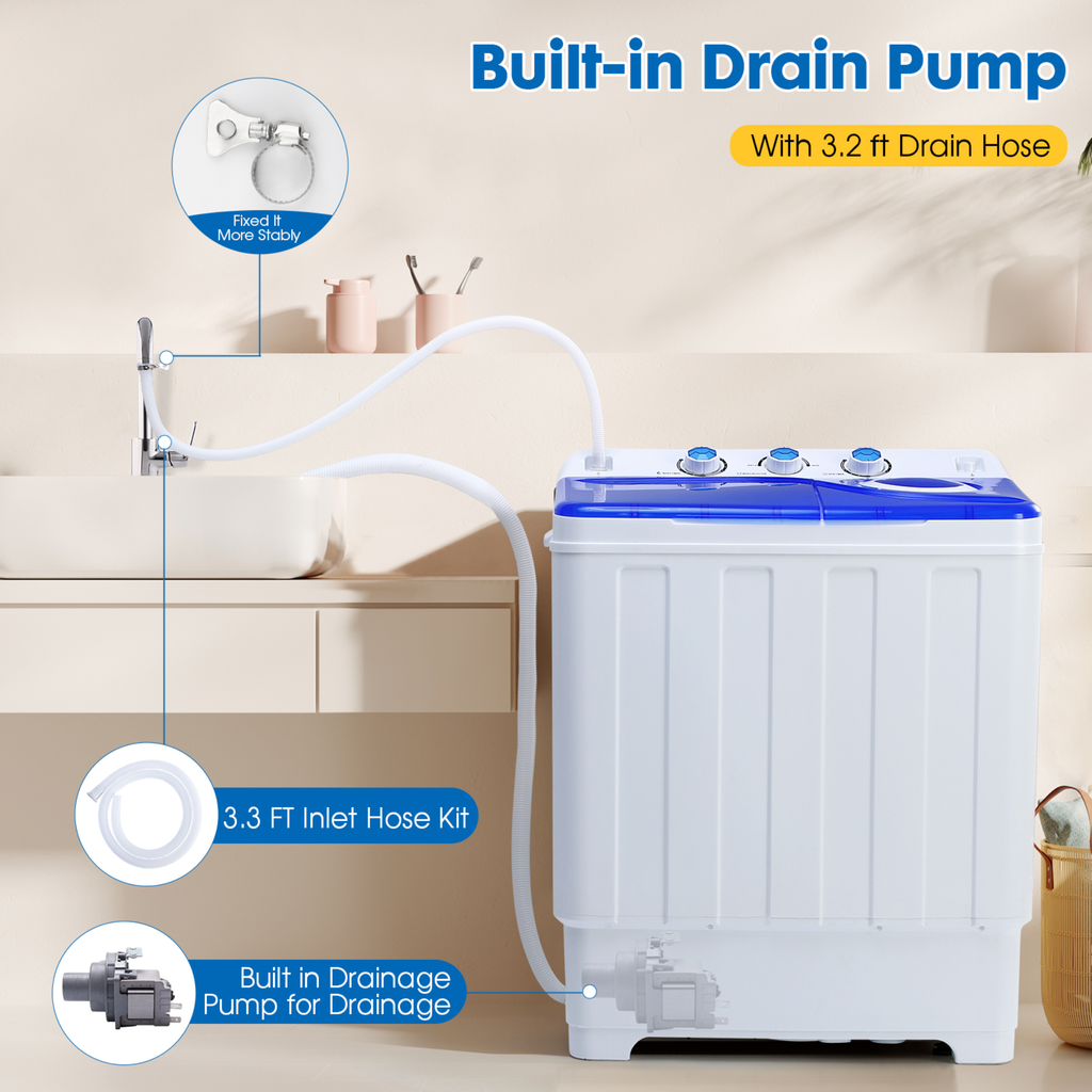28lbs Portable Washing Machine Twin Tub Compact with Drain Pump Home Camping Mini Washer