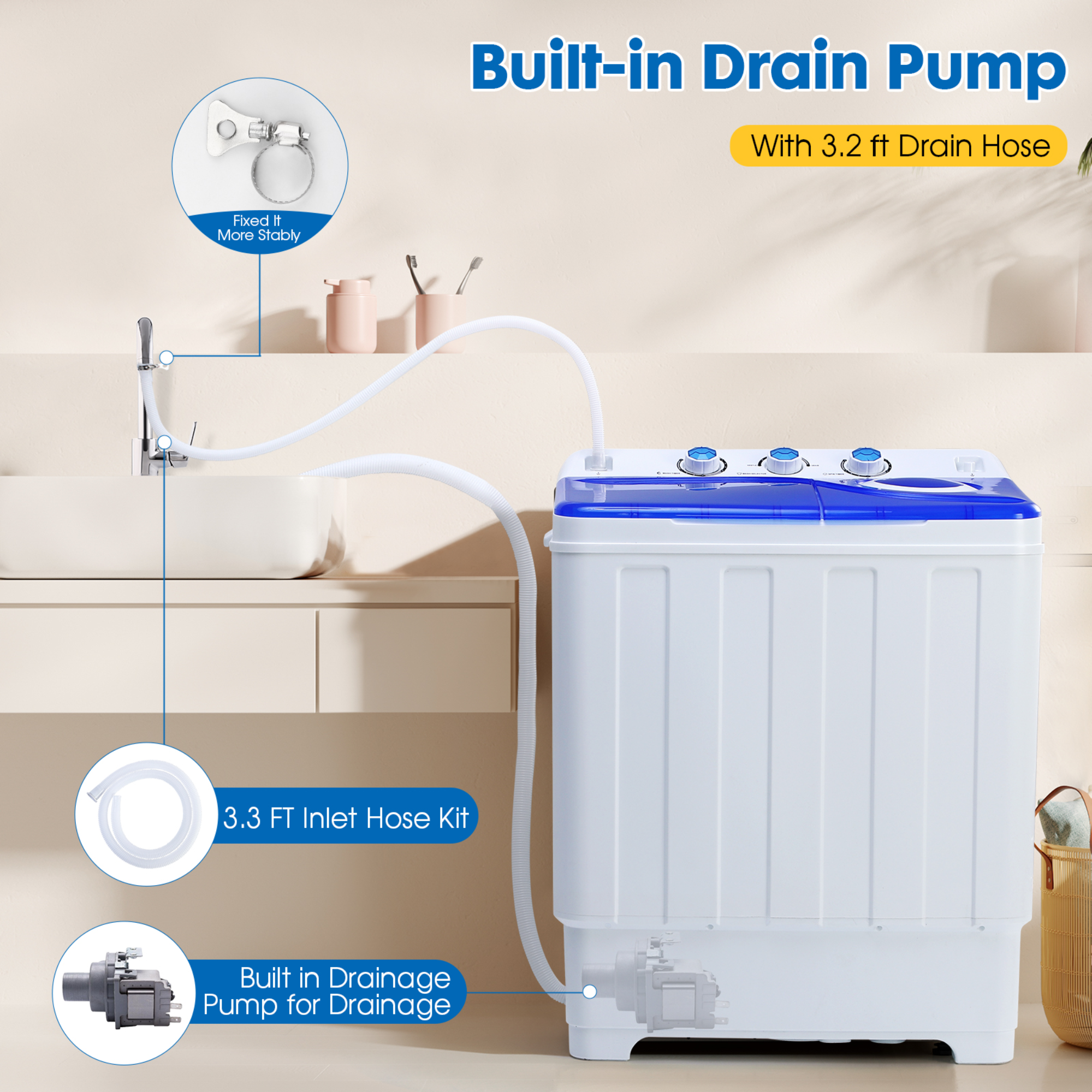 28lbs Portable Washing Machine Twin Tub Compact with Drain Pump Home Camping Mini Washer