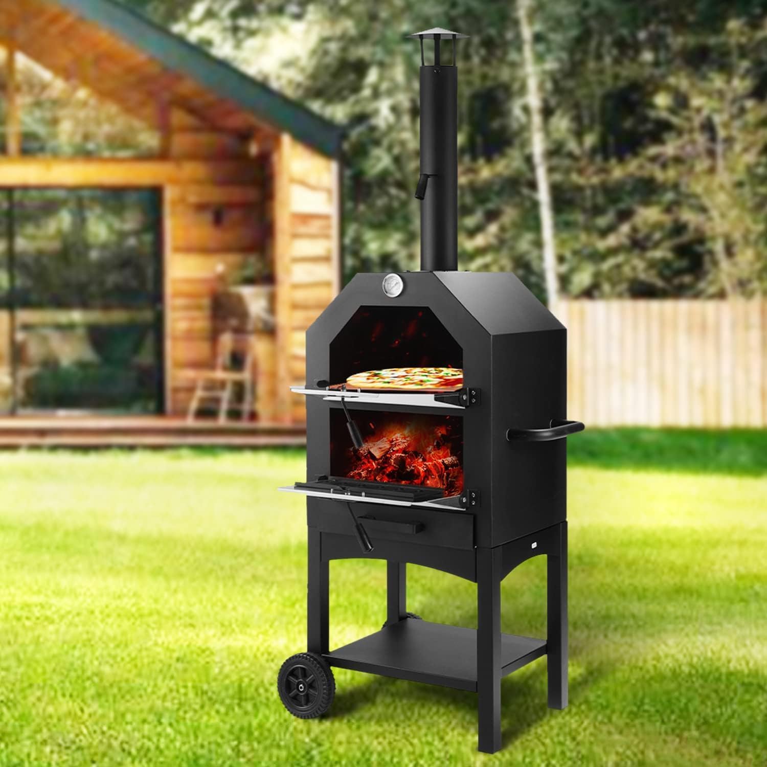 Outdoor Portable Pizza Oven Wood Thermometer Steel Grilled Barbecue Backyard Camping