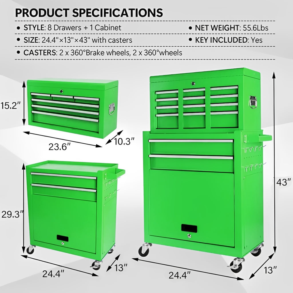 2-in-1 Detachable Rolling Tool Box 5-8 Drawers Lockable Chest Storage Cabinet Garage Workshop