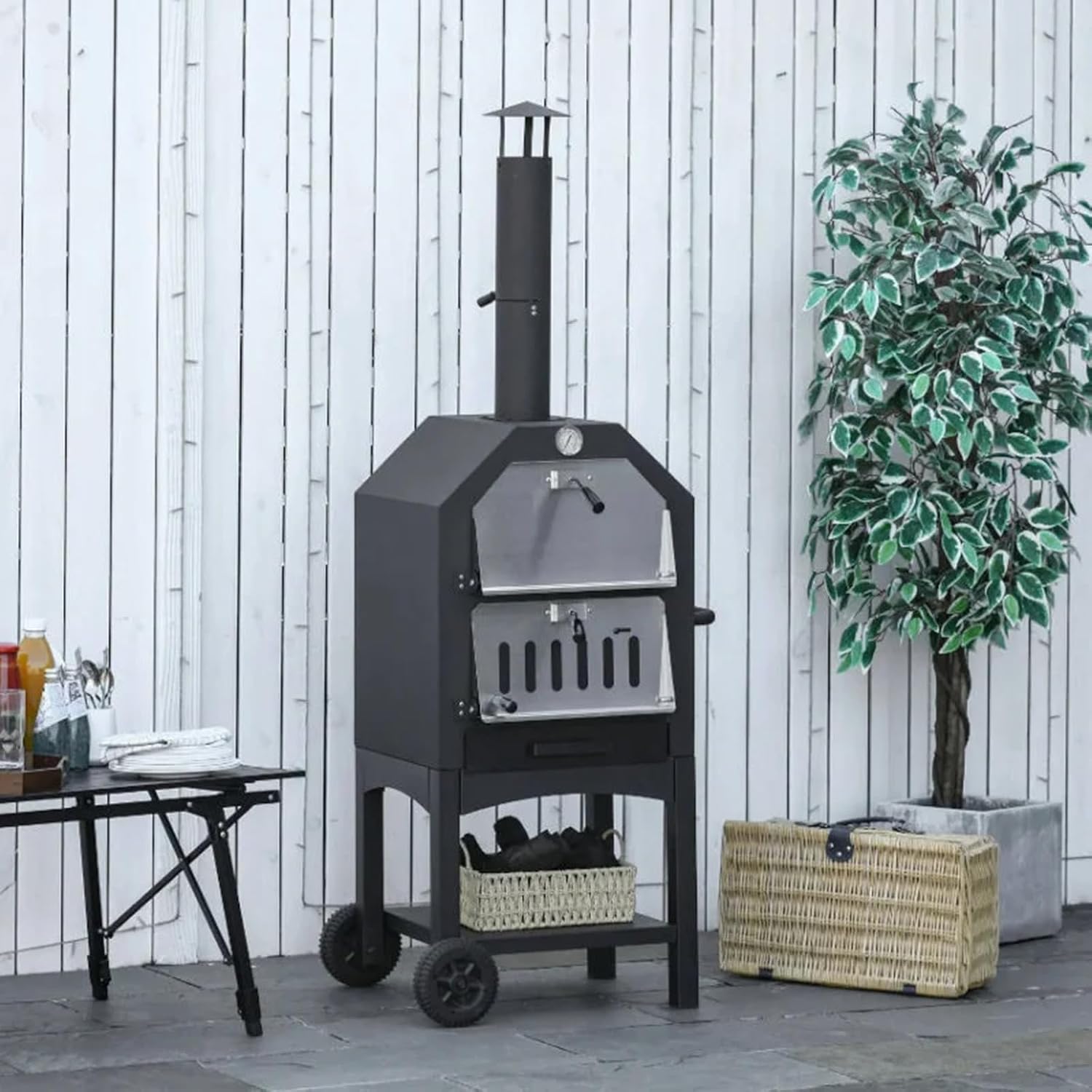 Outdoor Portable Pizza Oven Wood Thermometer Steel Grilled Barbecue Backyard Camping
