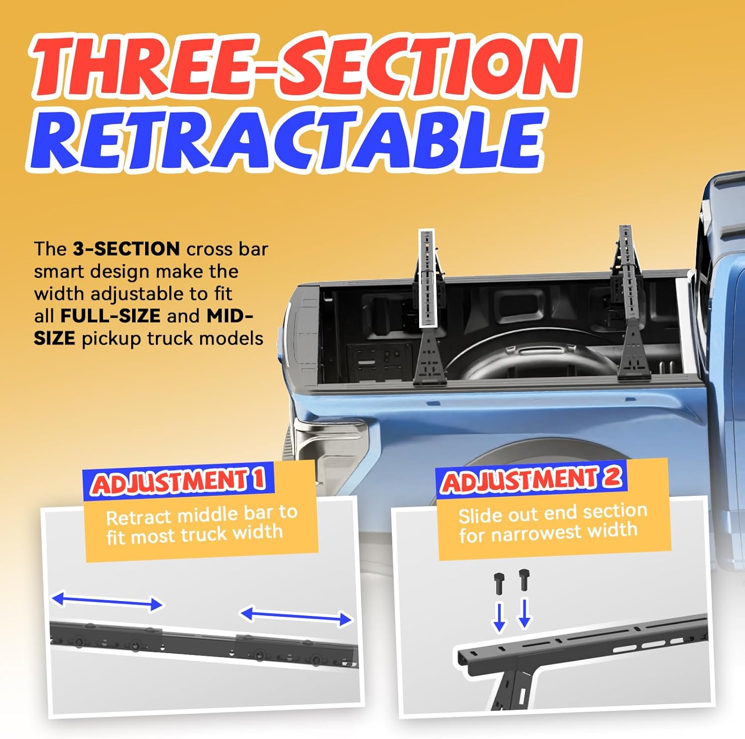 Adjustable Truck Bed Rack Universal Fit Cross Bar No-Drills Installation