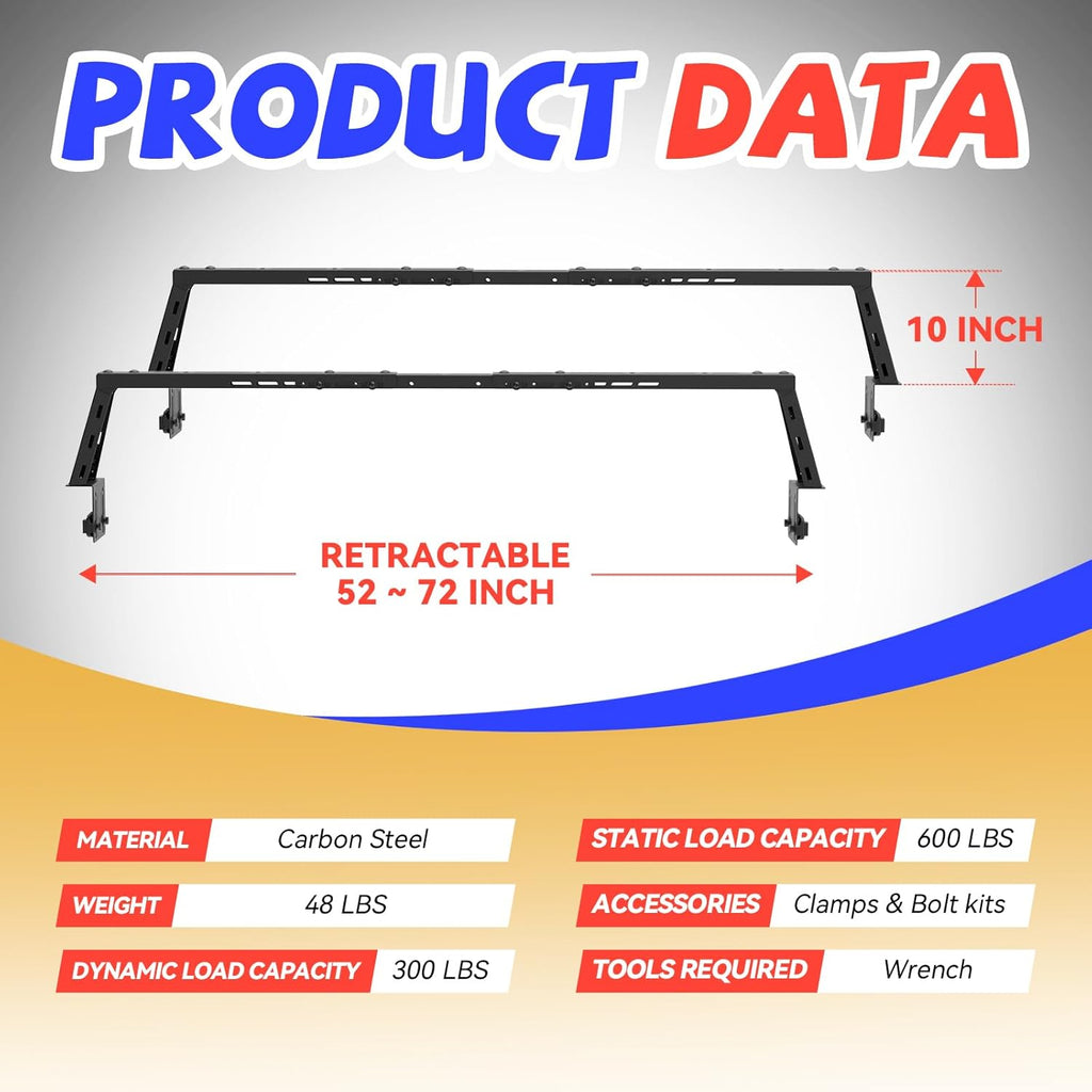 Adjustable Truck Bed Rack Universal Fit Cross Bar No-Drills Installation
