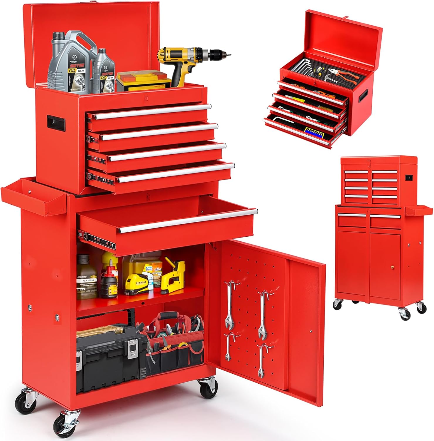 Rolling Tool Box 5-8 Drawers Lockable 2-in-1 Detachable Chest Storage Cabinet Garage Workshop