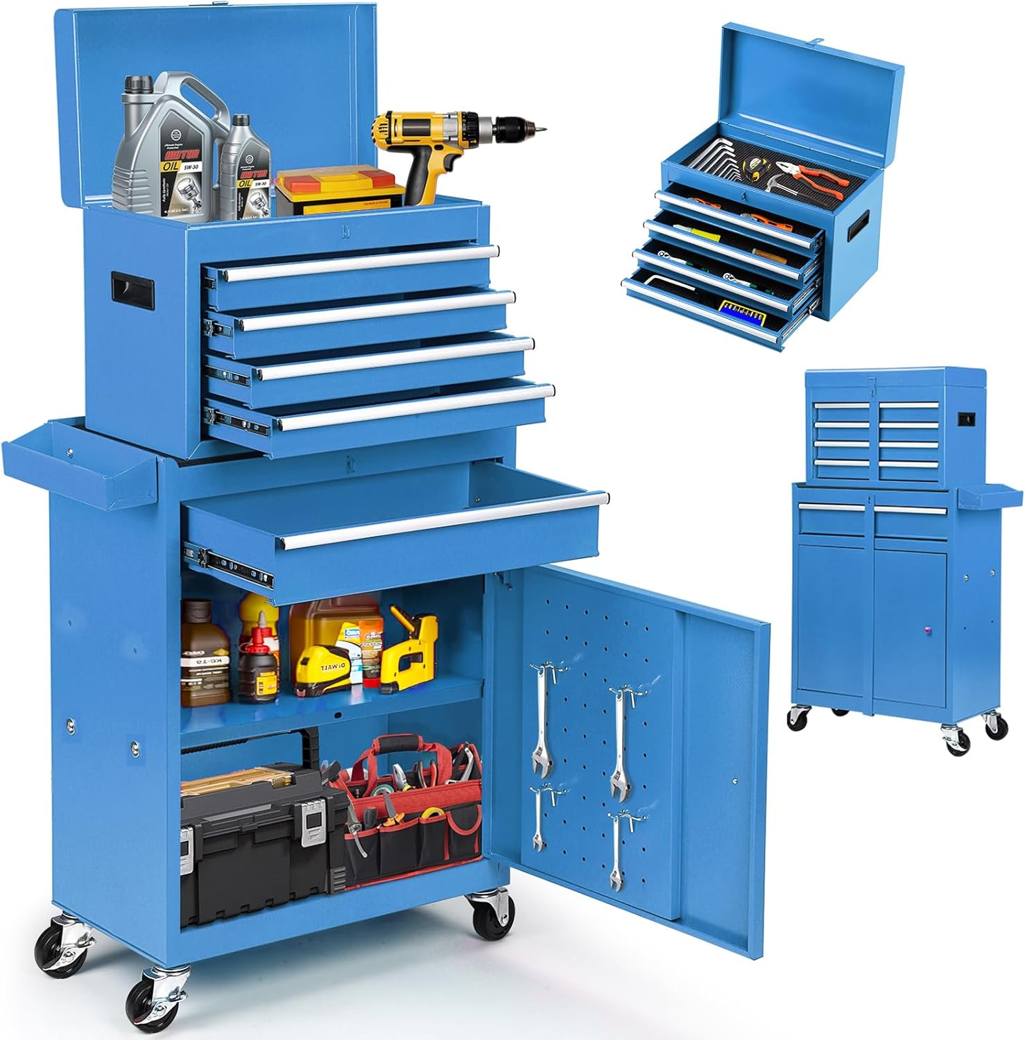 Rolling Tool Box 5-8 Drawers Lockable 2-in-1 Detachable Chest Storage Cabinet Garage Workshop