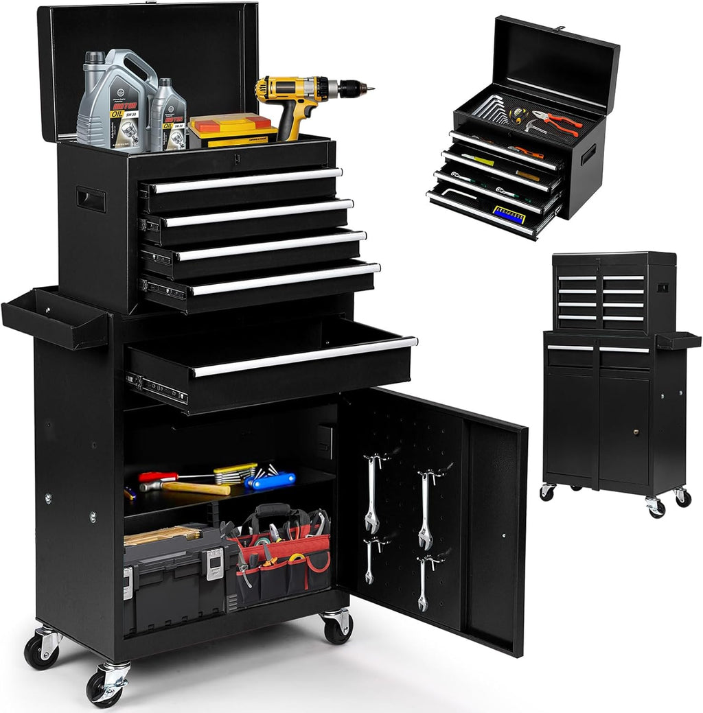 2-in-1 Detachable Rolling Tool Box 5-8 Drawers Lockable Chest Storage Cabinet Garage Workshop