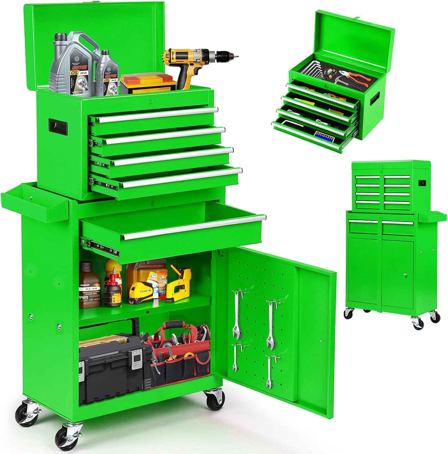 Rolling Tool Box 5-8 Drawers Lockable 2-in-1 Detachable Chest Storage Cabinet Garage Workshop