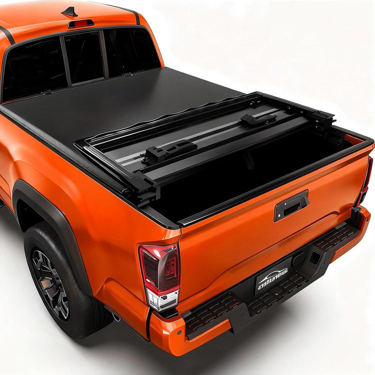 Orange truck with a black tonneau cover