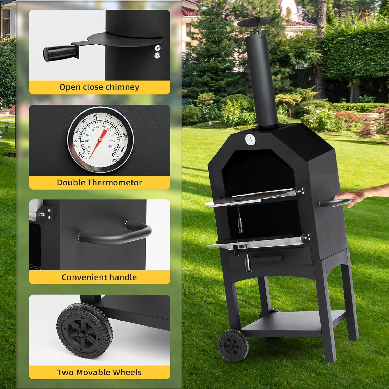 Outdoor Portable Pizza Oven Wood Thermometer Steel Grilled Barbecue Backyard Camping