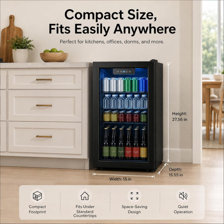 3.3 Cu Ft Beverage Refrigerator 126 Cans Mini Fridge Digital Temperature Control Cooler Home Office Bar