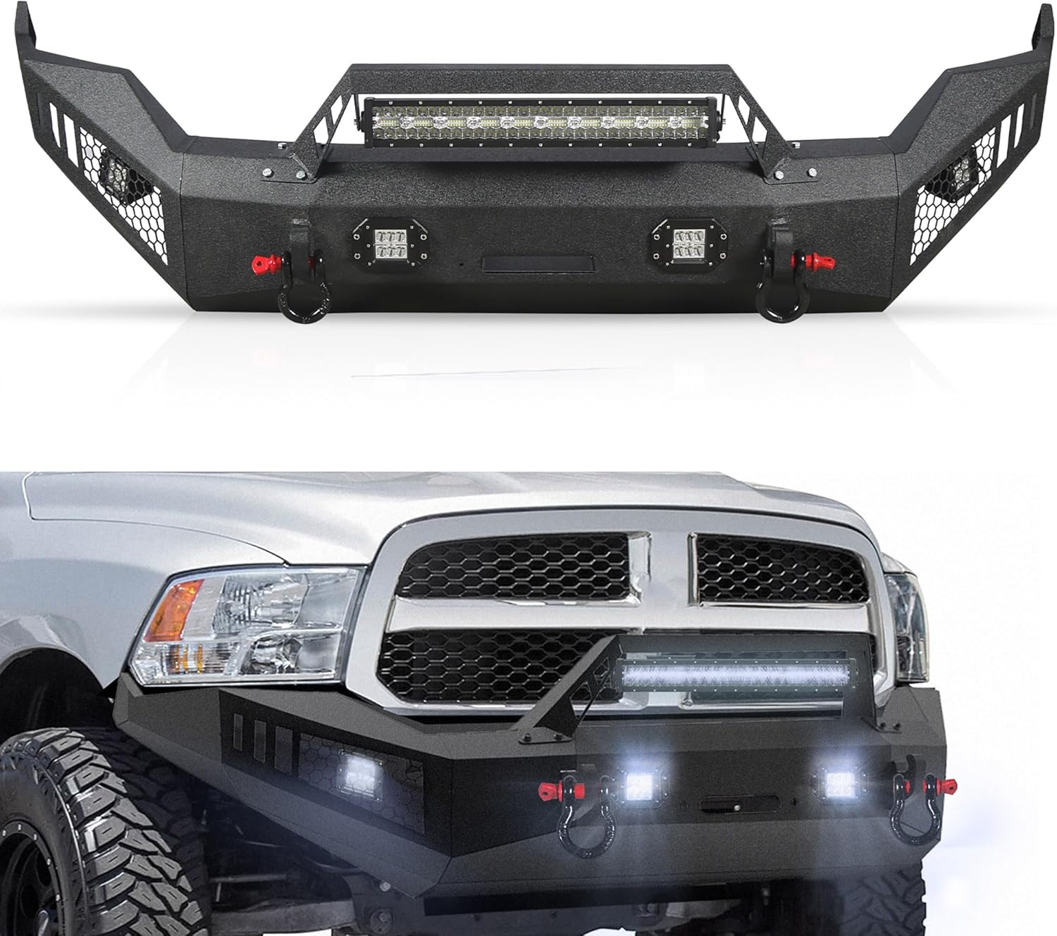 2013-2018 RAM 1500 Full Width Front Bumper Off Road Heavy Duty Winch Plate With Lights