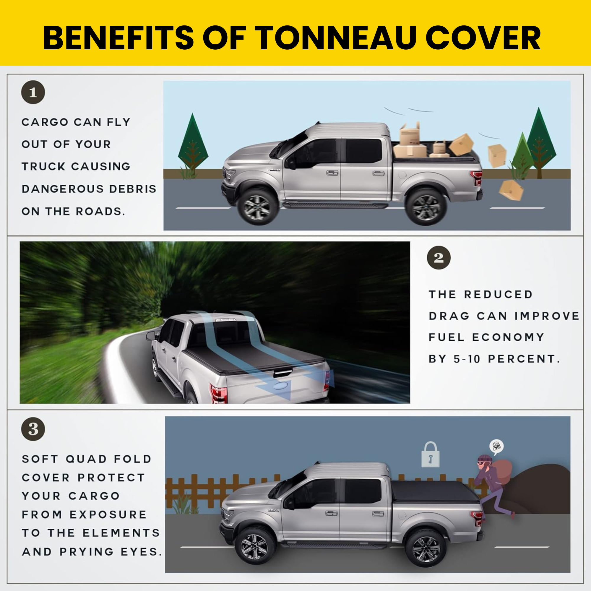 Low-Profile Hard Tri-Fold Tonneau Cover 6.6FT Truck Bed With Track System