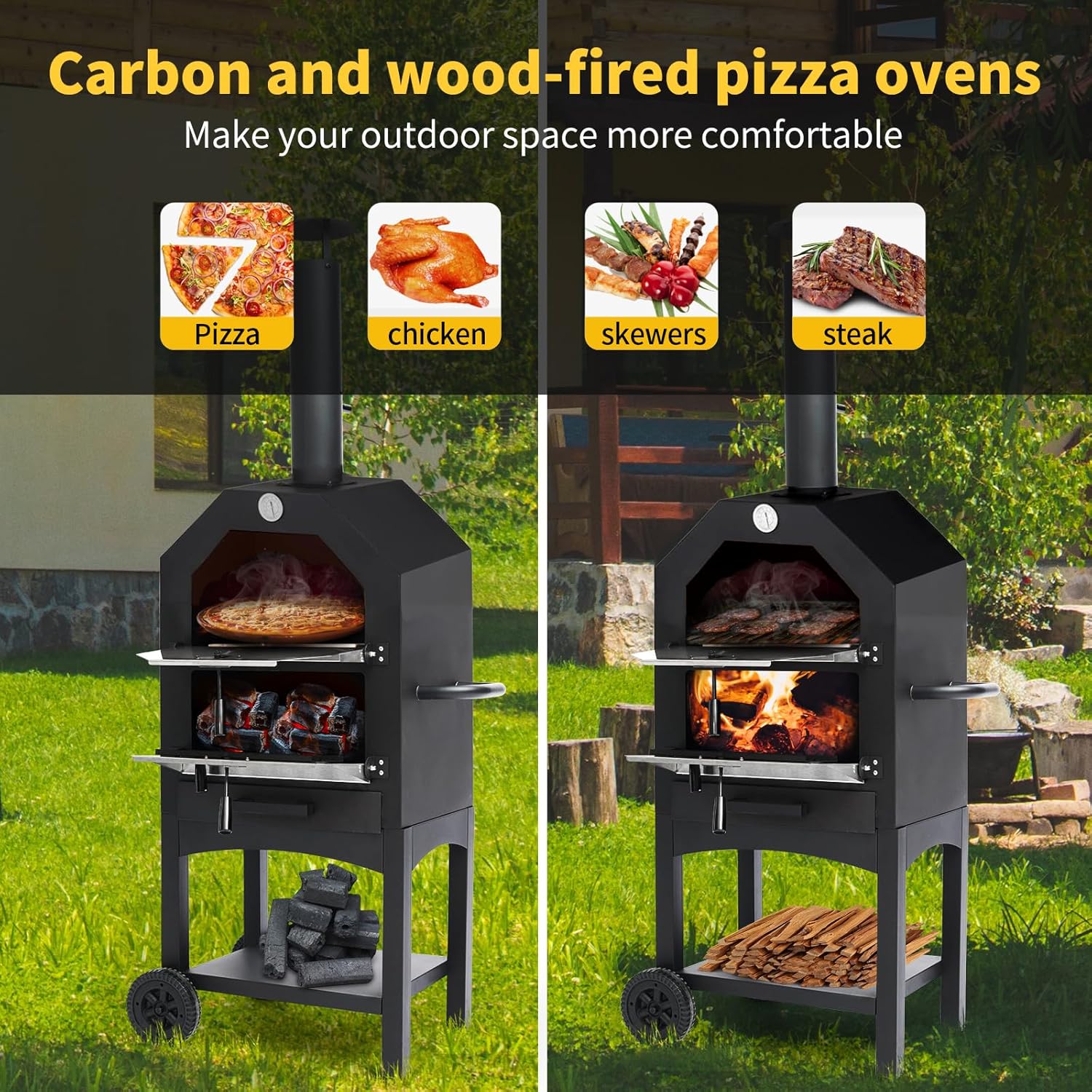 Outdoor Portable Pizza Oven Wood Thermometer Steel Grilled Barbecue Backyard Camping