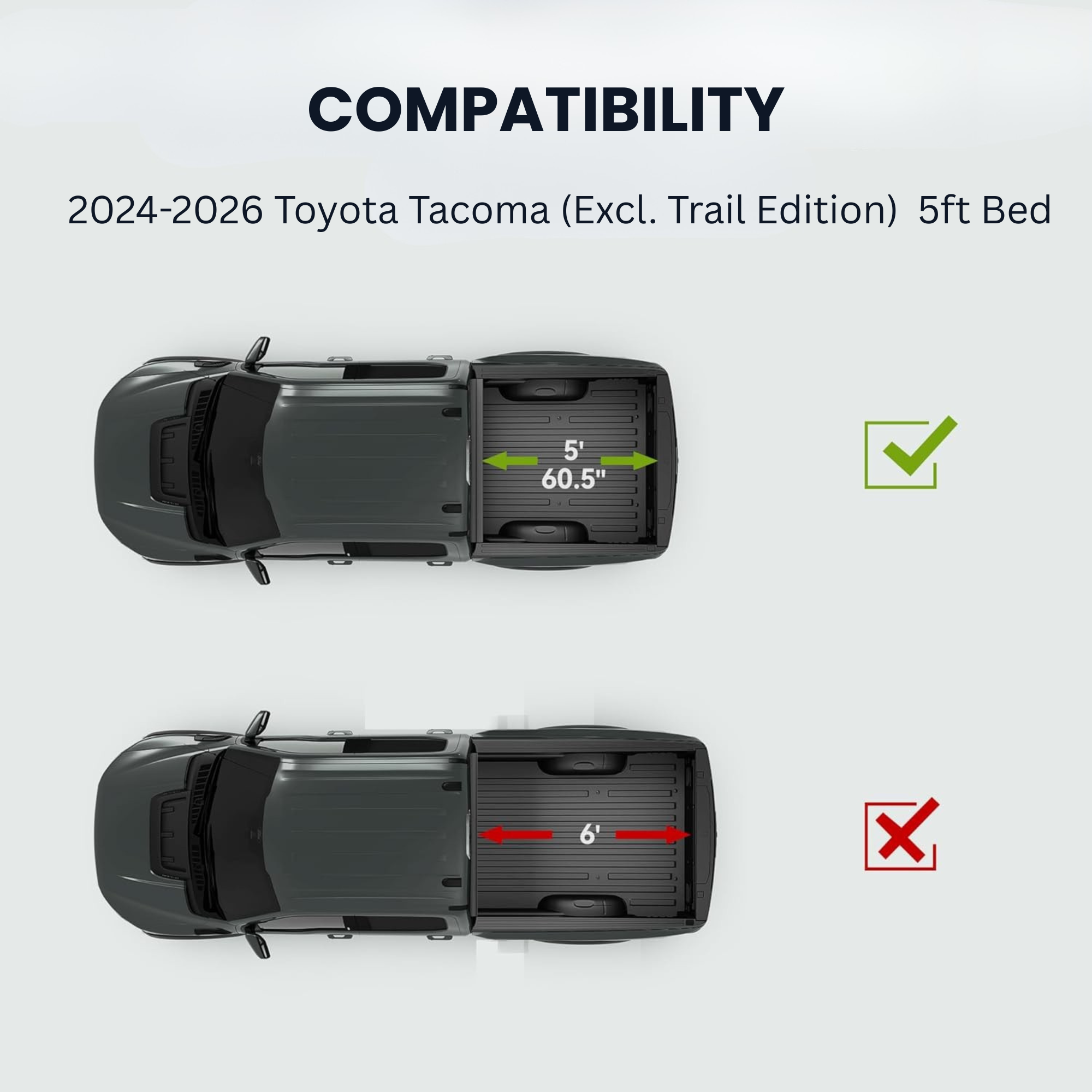 2024-2026 Toyota Tacoma (Excl. Trail Edition) 5FT Hard Tri-fold Tonneau Cover with Deck Rail System