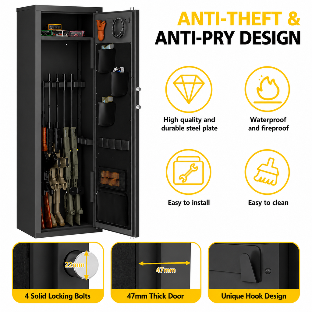 Biometric Gun Safe For Rifles And Pistols 12-15 Large Gun Cabinet with Fingerprint & Digital Keypad Adjustable Shelves