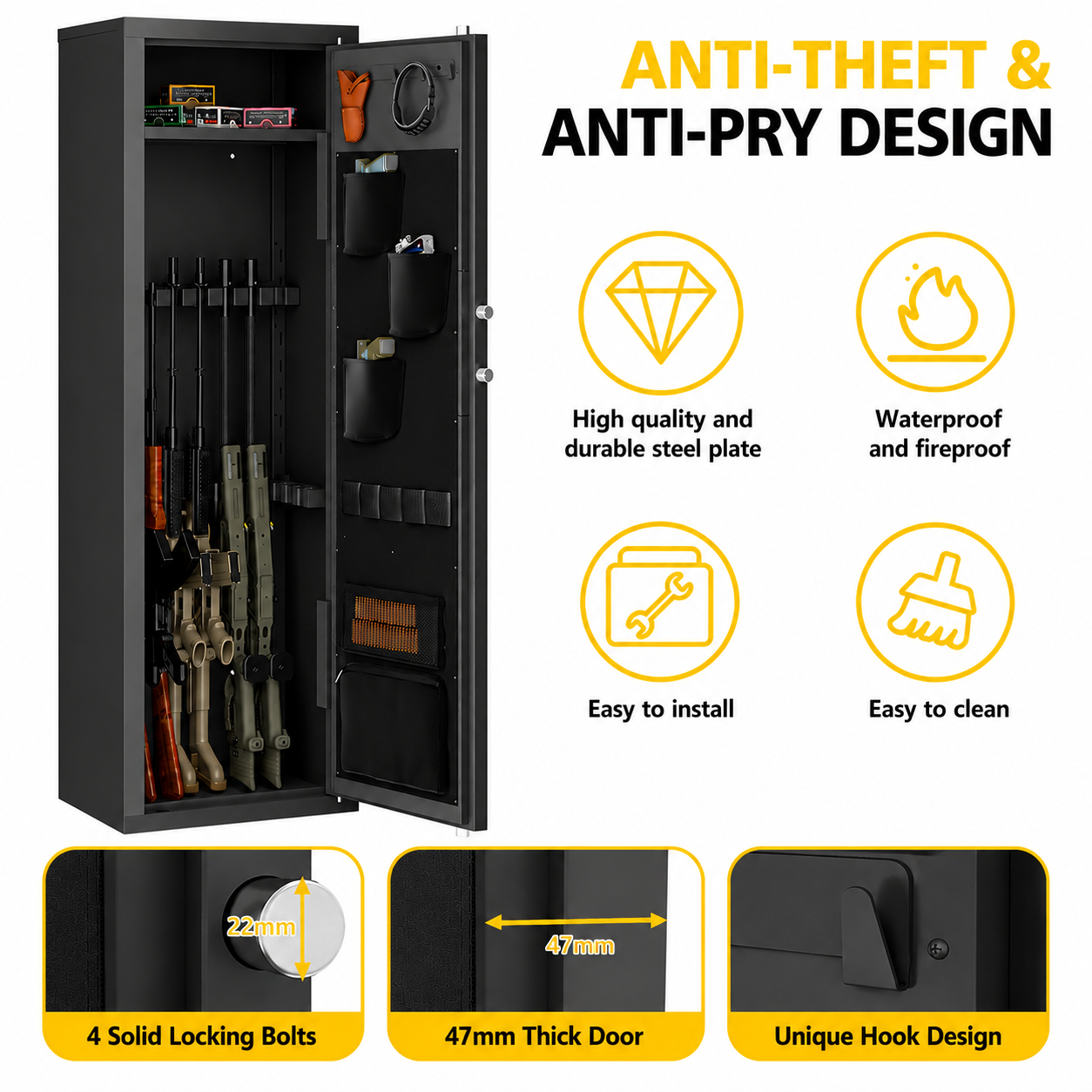 Biometric Gun Safe For Rifles And Pistols 12-15 Large Gun Cabinet with Fingerprint & Digital Keypad Adjustable Shelves
