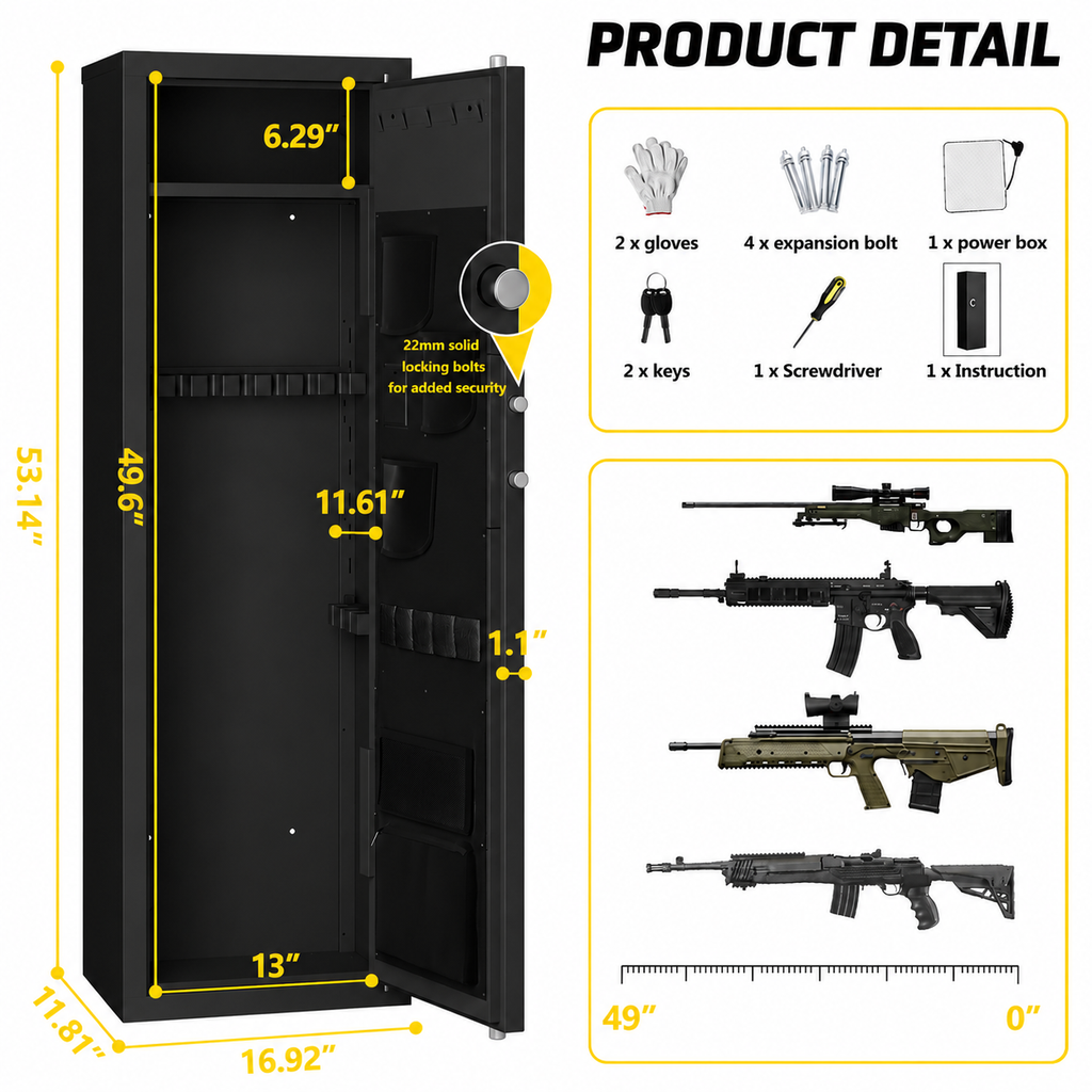 Biometric Gun Safe For Rifles And Pistols 12-15 Large Gun Cabinet with Fingerprint & Digital Keypad Adjustable Shelves