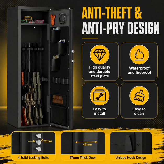Biometric Gun Safe For Rifles And Pistols 12-15 Large Gun Cabinet with Fingerprint & Digital Keypad Adjustable Shelves