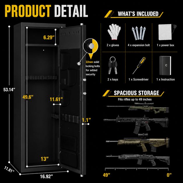 Biometric Gun Safe For Rifles And Pistols 12-15 Large Gun Cabinet with Fingerprint & Digital Keypad Adjustable Shelves