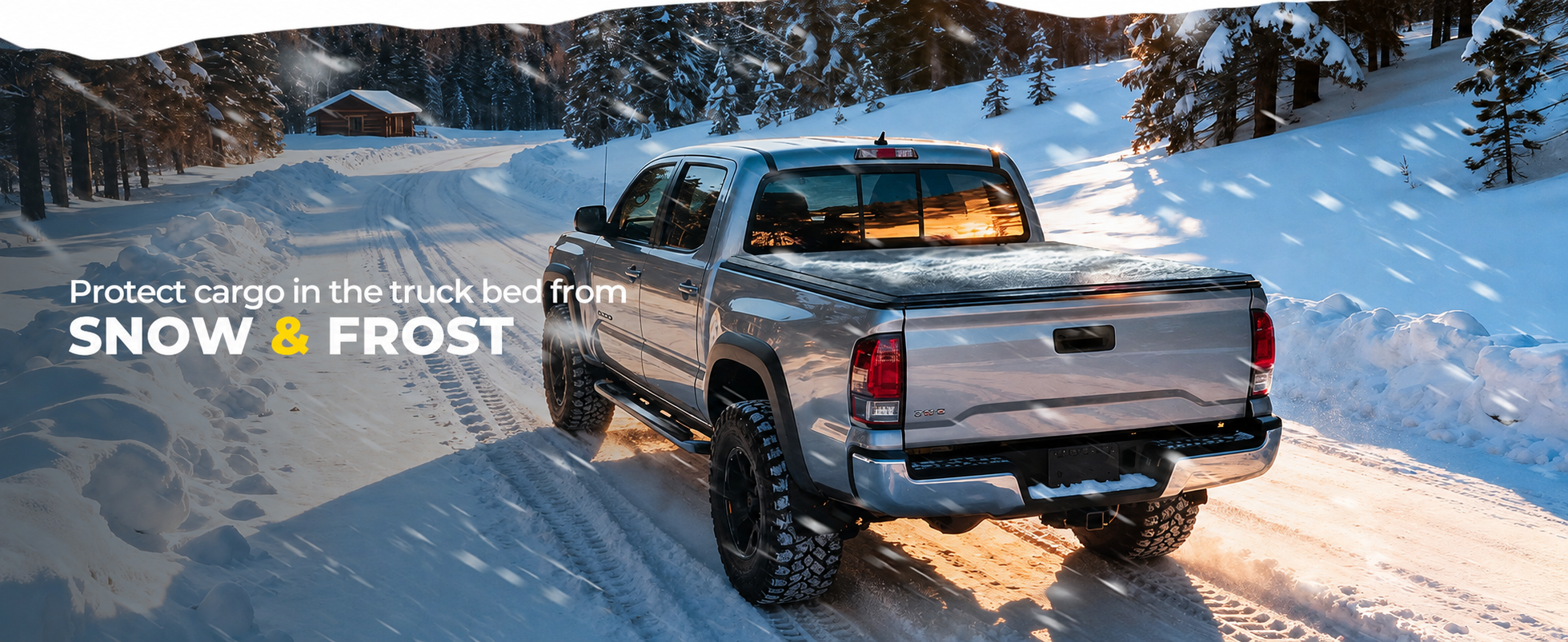 Silver truck in a snowy landscape with text about protecting cargo from snow and frost.