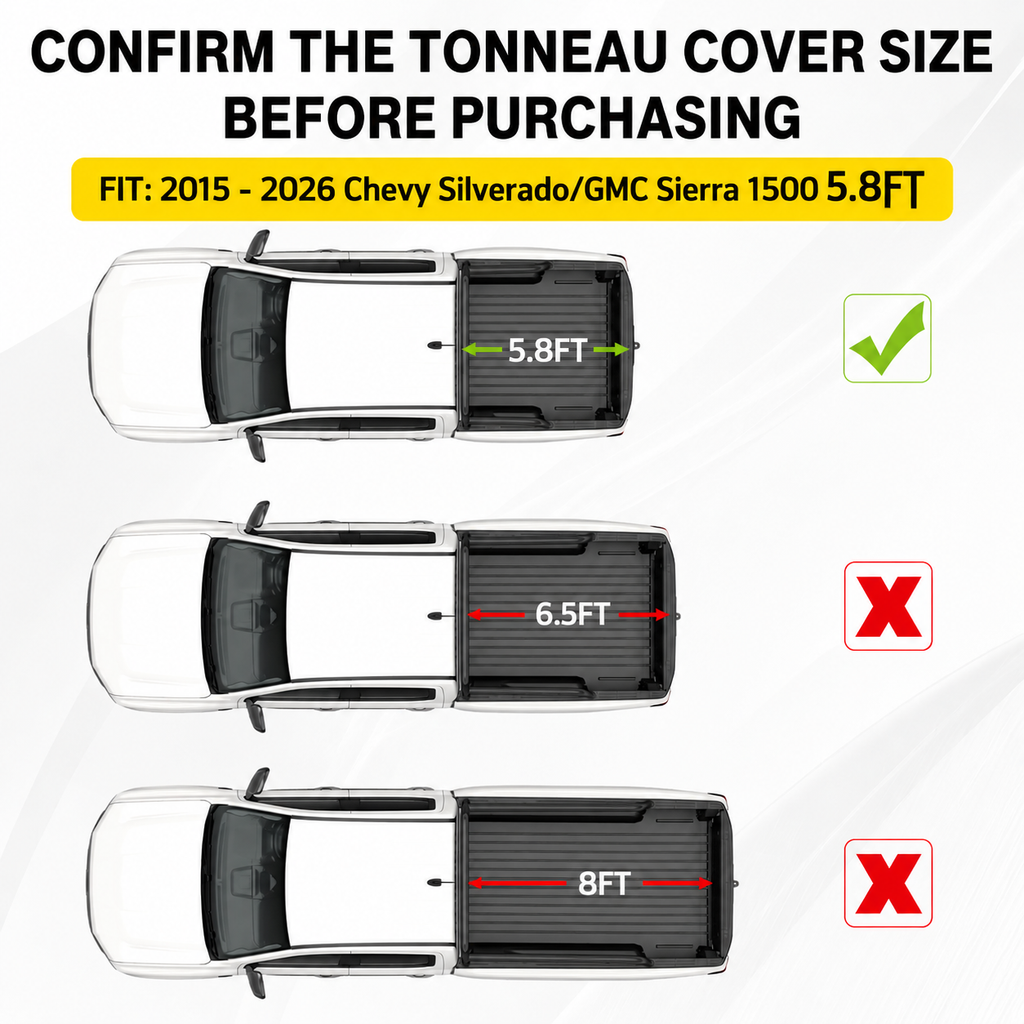 2015-2026 Chevy Silverado/GMC Sierra 1500 5.8FT Retractable Tonneau Cover with Key Lock & LED Light