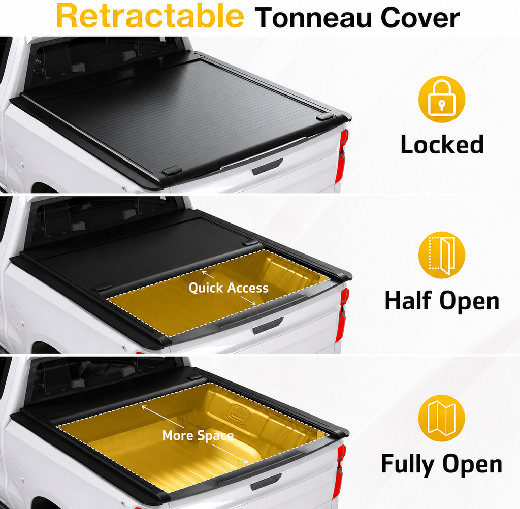 2015-2026 Chevy Silverado/GMC Sierra 1500 5.8FT Retractable Tonneau Cover with Key Lock & LED Light