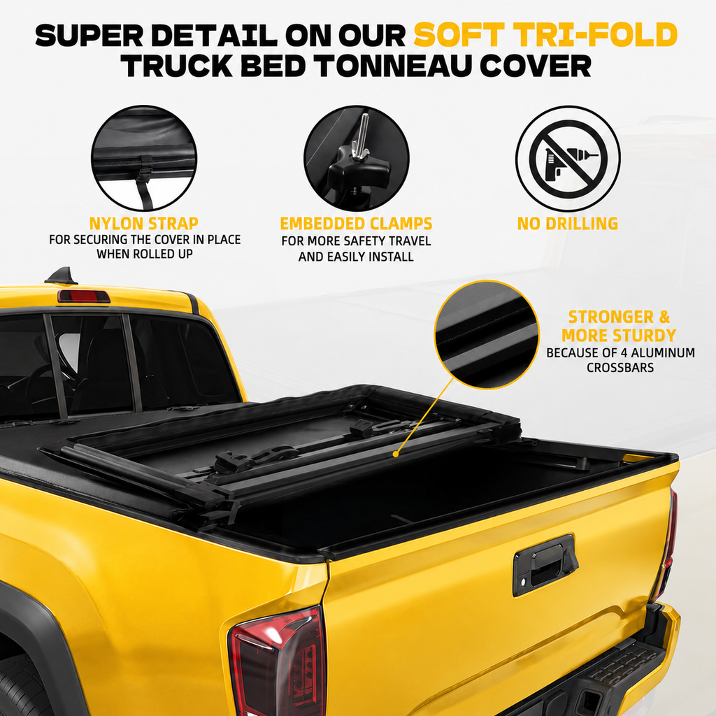 2016-2026 Toyota Tacoma 5FT Truck Bed Soft Tri-Fold Tonneau Cover With Deck Rail System