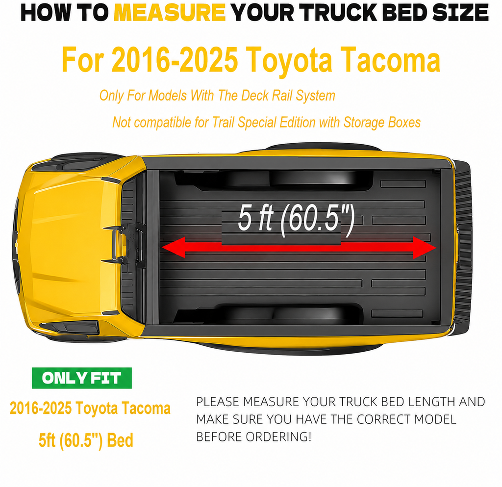 2016-2026 Toyota Tacoma 5FT Truck Bed Soft Tri-Fold Tonneau Cover With Deck Rail System