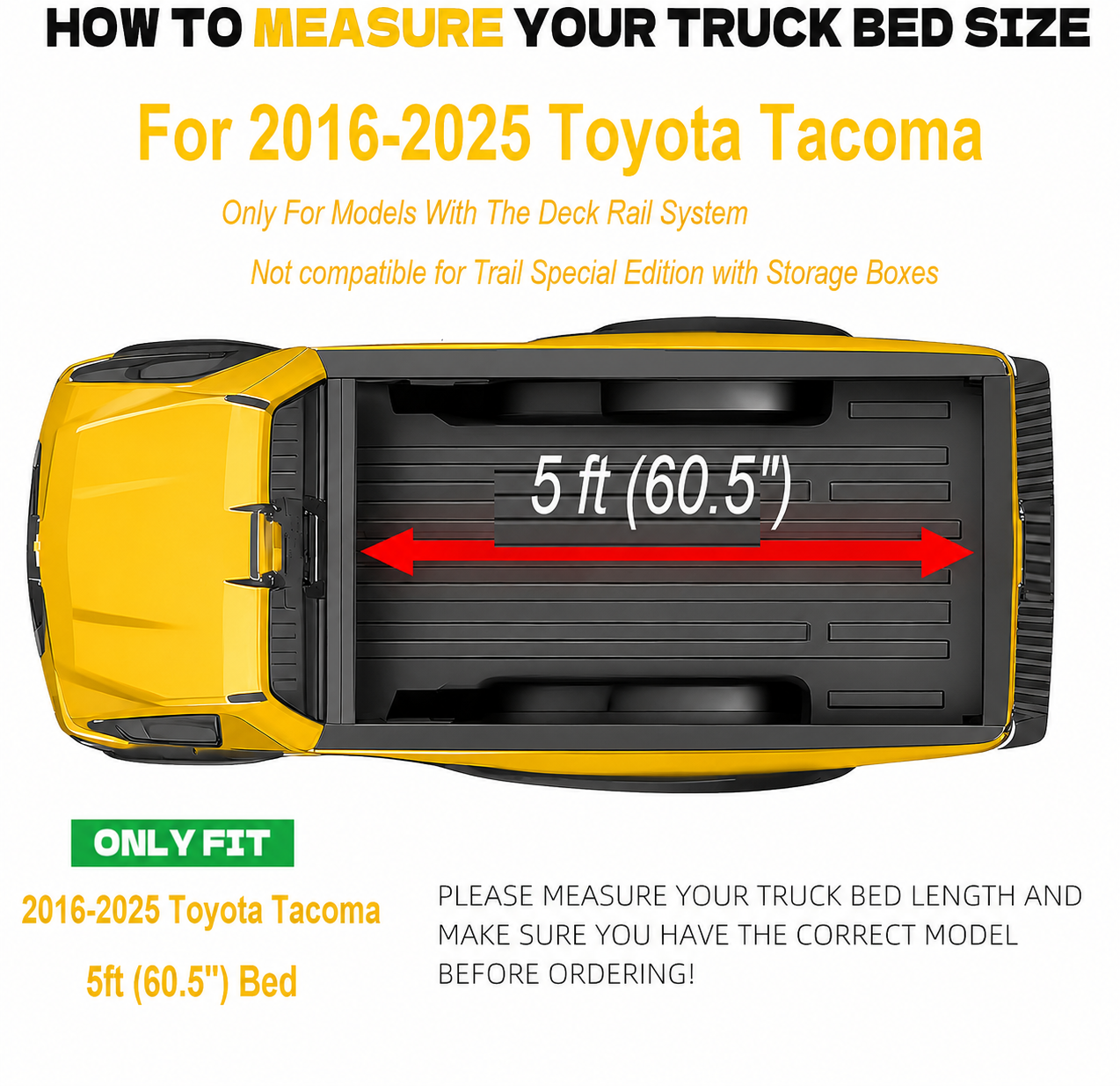 2016-2026 Toyota Tacoma 5FT Truck Bed Soft Tri-Fold Tonneau Cover With Deck Rail System