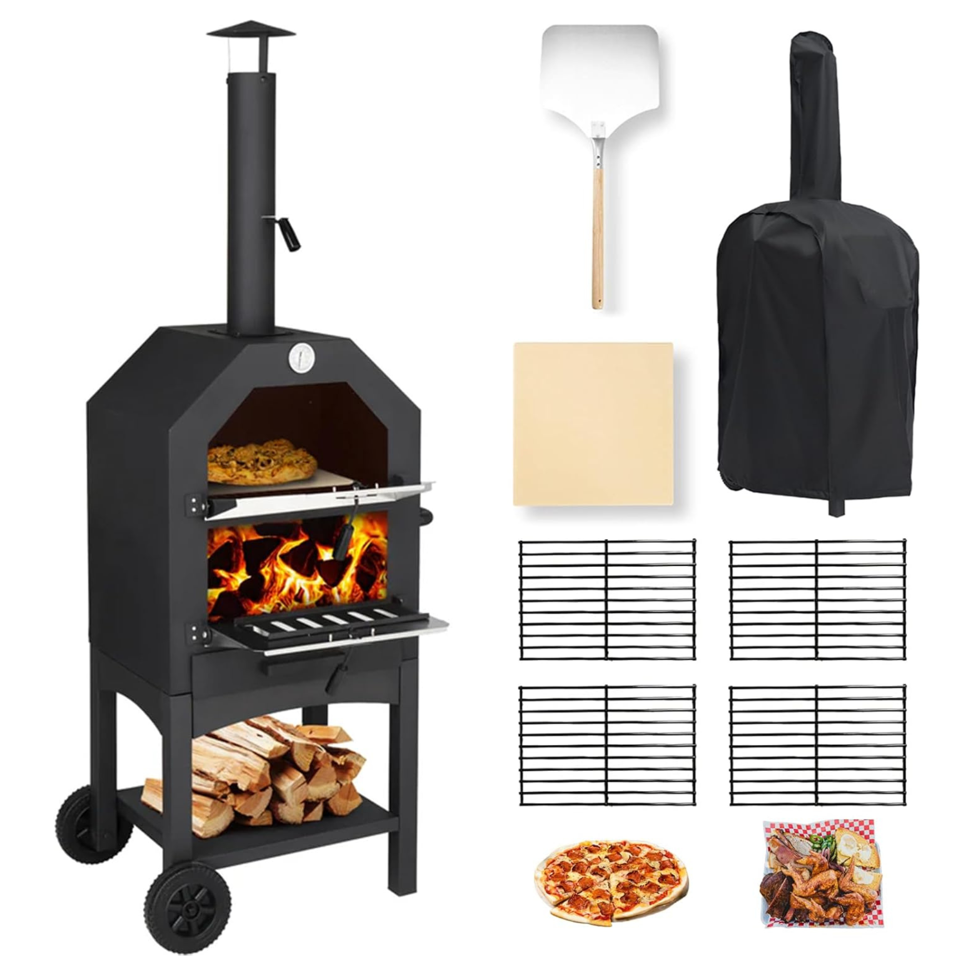 Outdoor Portable Pizza Oven Wood Thermometer Steel Grilled Barbecue Backyard Camping