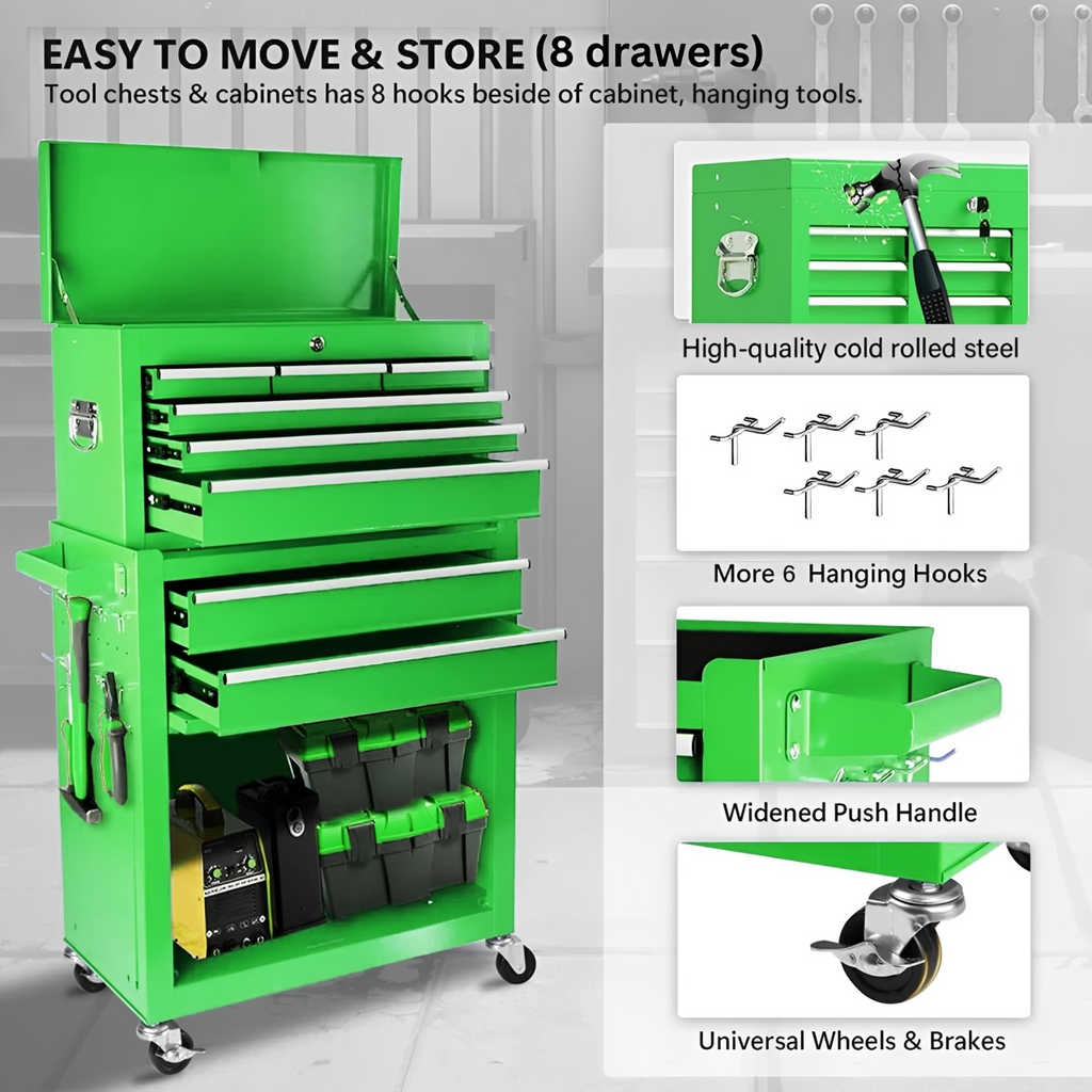 2-in-1 Detachable Rolling Tool Box 5-8 Drawers Lockable Chest Storage Cabinet Garage Workshop