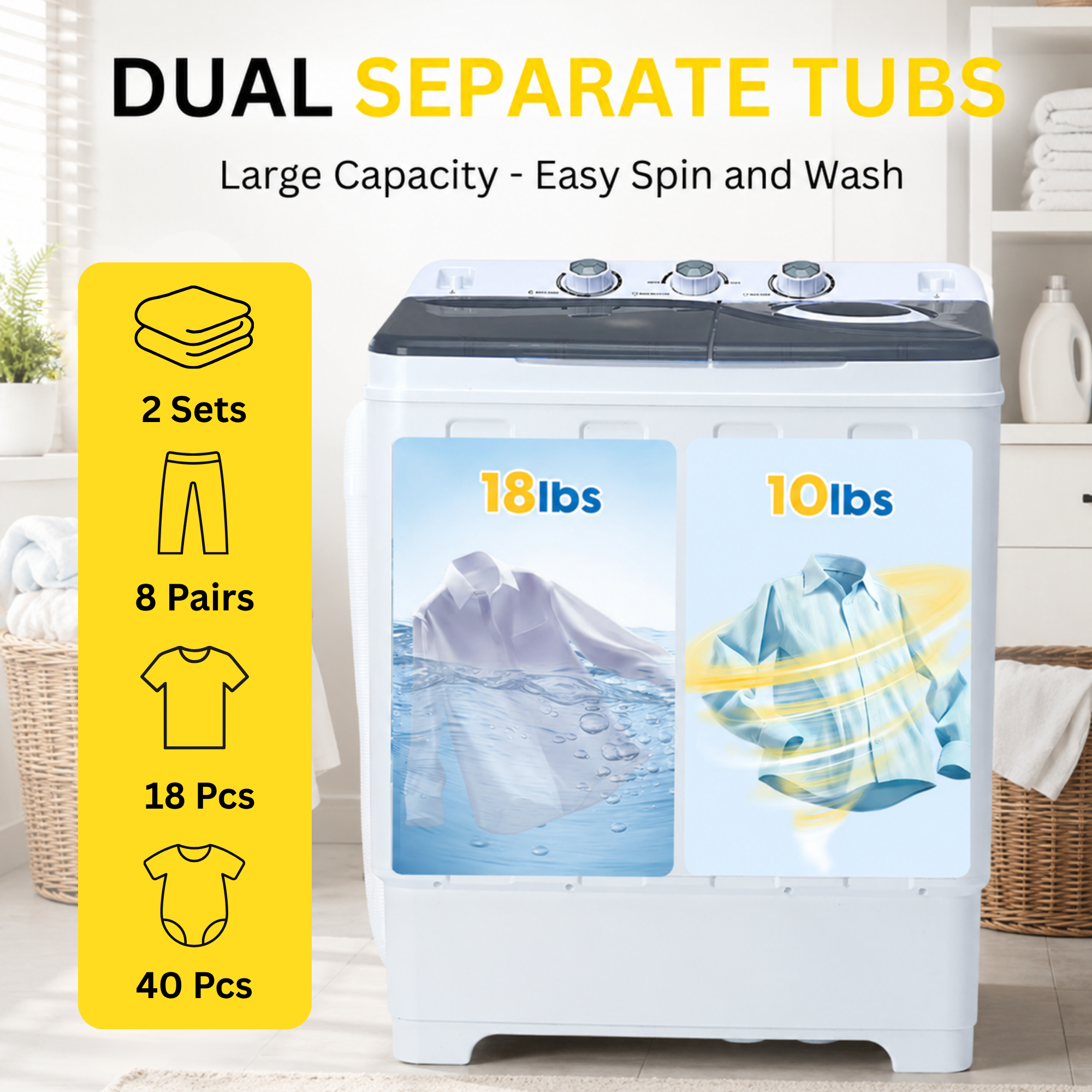 Portable Washing Machine Twin Tub Compact 28lbs with Drain Pump Home Camping Mini Washer