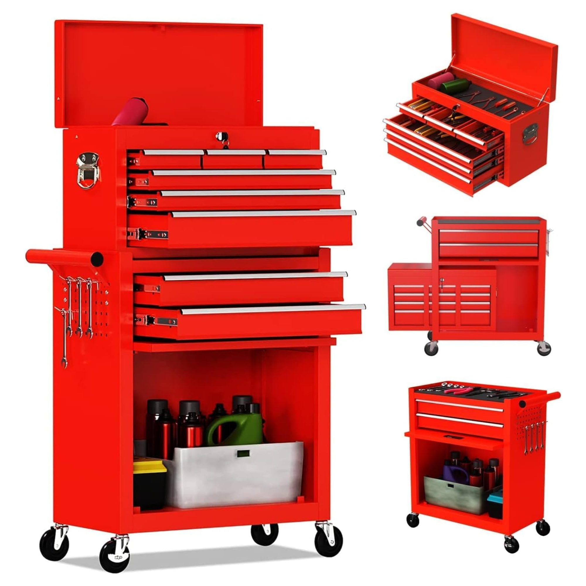 Rolling Tool Box 5-8 Drawers Lockable 2-in-1 Detachable Chest Storage Cabinet Garage Workshop