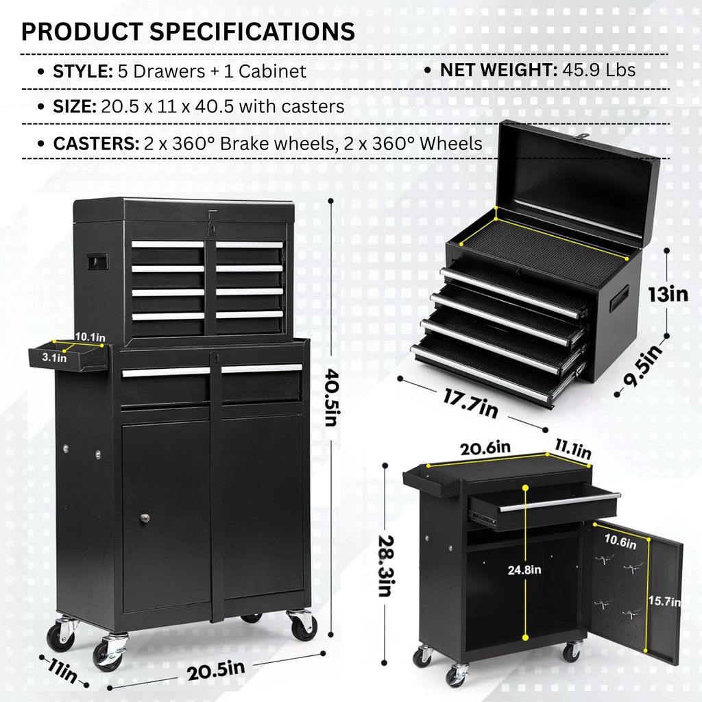 2-in-1 Detachable Rolling Tool Box 5-8 Drawers Lockable Chest Storage Cabinet Garage Workshop