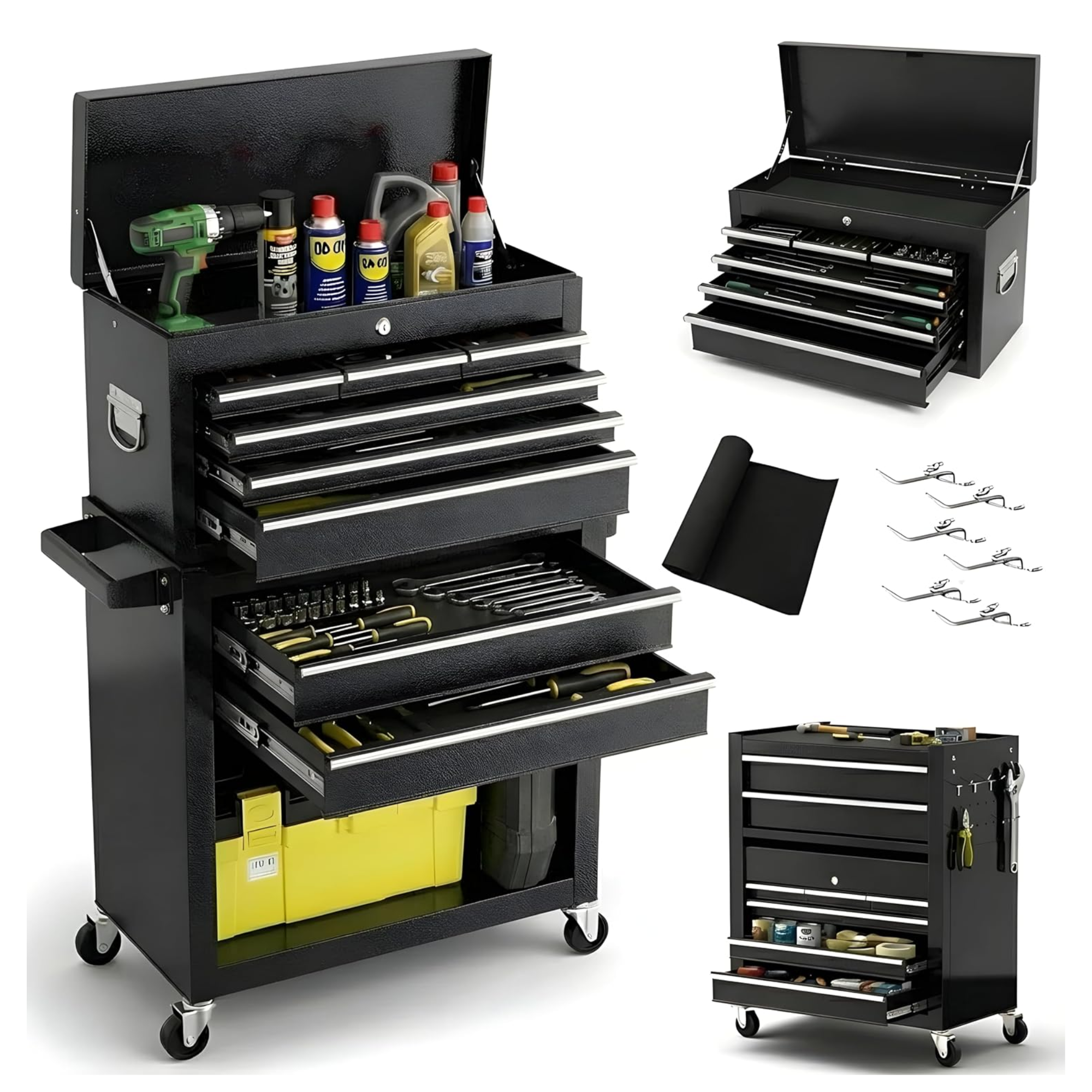 Rolling Tool Box 5-8 Drawers Lockable 2-in-1 Detachable Chest Storage Cabinet Garage Workshop