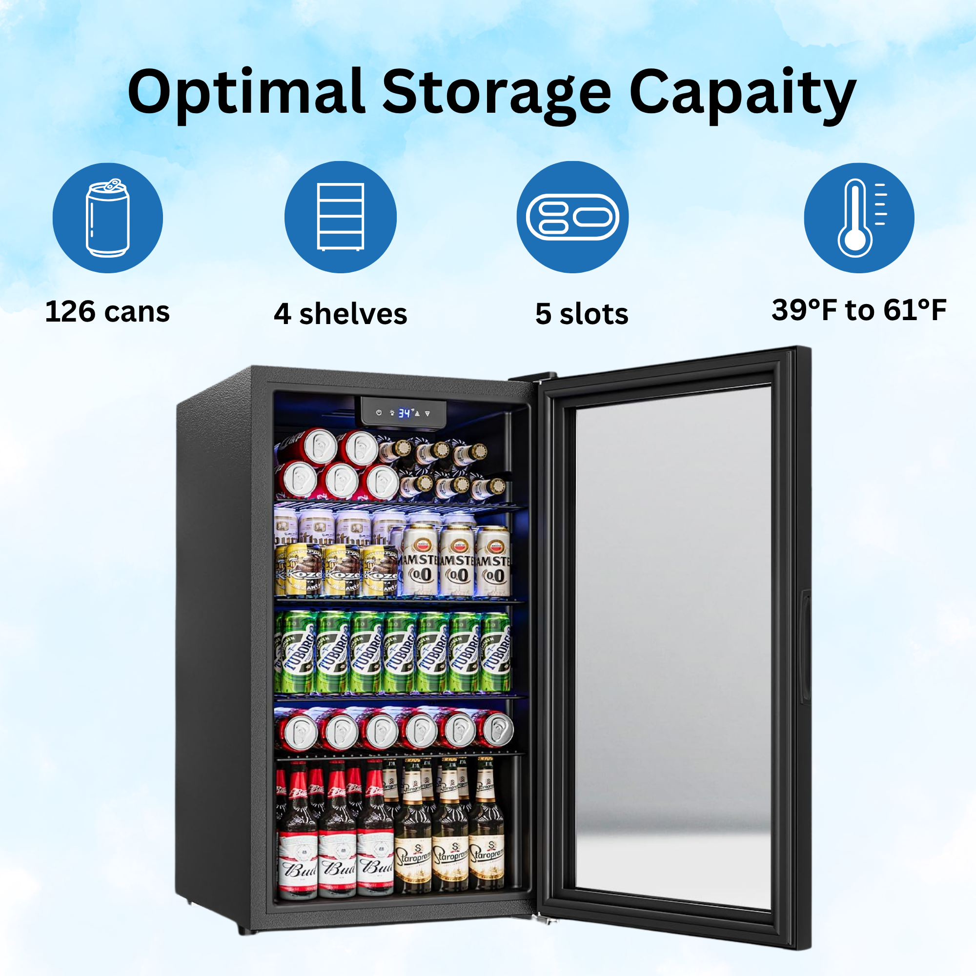 3.3 Cu Ft Beverage Refrigerator 126 Cans Mini Fridge Digital Temperature Control Cooler Home Office Bar