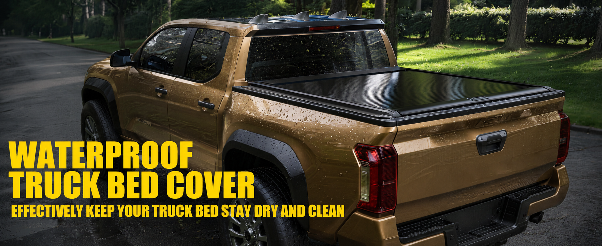 Gold truck with a black waterproof truck bed cover on a road.