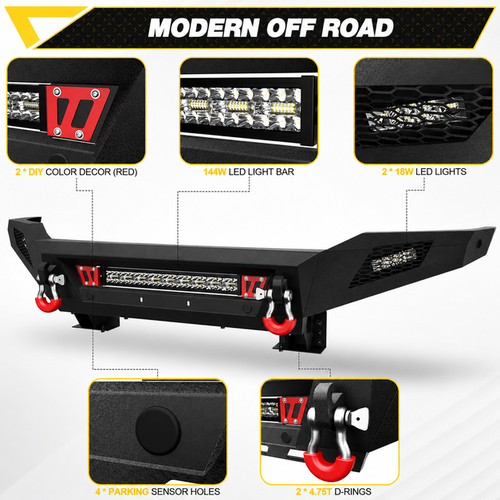 Off-road vehicle bumper with LED lights and accessories on a white background