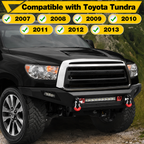 Black Toyota Tundra with front bumper and winch, compatibility indicated for years 2007-2013.