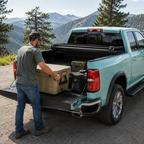 Man loading tools into the back of a teal truck with a tonneau cover