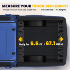 Measurement guide for truck bed length with blue and black truck bed cover