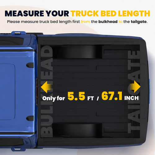 Measurement guide for truck bed length with blue and black truck bed cover