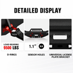 Product display with load bearing, sensor holes, and license plate bracket features.