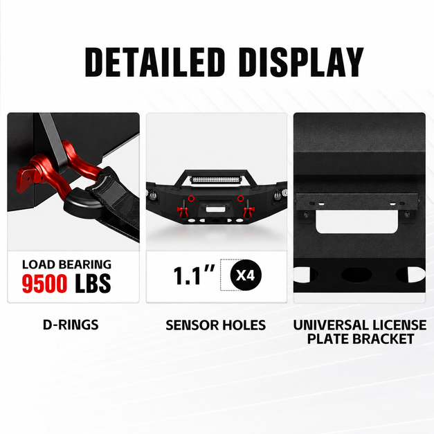 Product display with load bearing, sensor holes, and license plate bracket features.