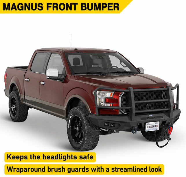 Red pickup truck with a Magnus front bumper on a white background