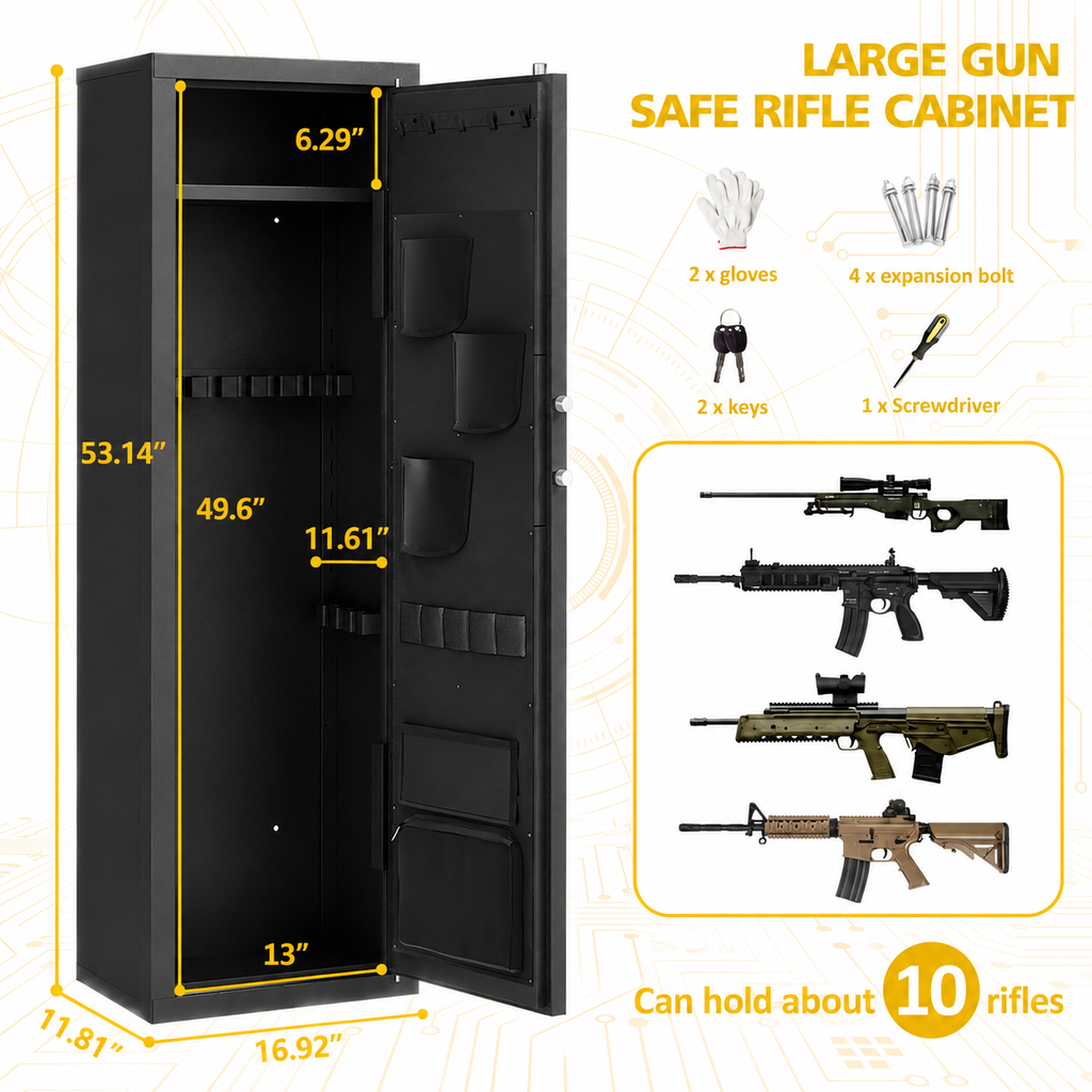12-15 Gun Safe for Rifles and Pistols Anti-Pry Steel Digital Keypad Lock Adjustable Shelves Secure