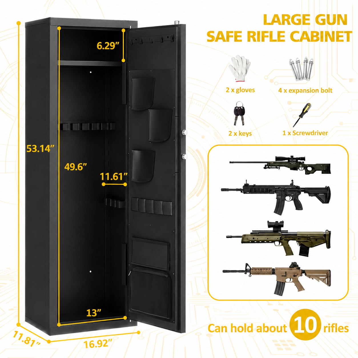 12-15 Gun Safe for Rifles and Pistols Anti-Pry Steel Digital Keypad Lock Adjustable Shelves Secure